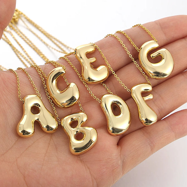 Gold Color Bubble Initial Letter Necklace